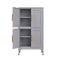 Grey metal kitchen storage cabinet with door and adjustable shelf in a modern kitchen