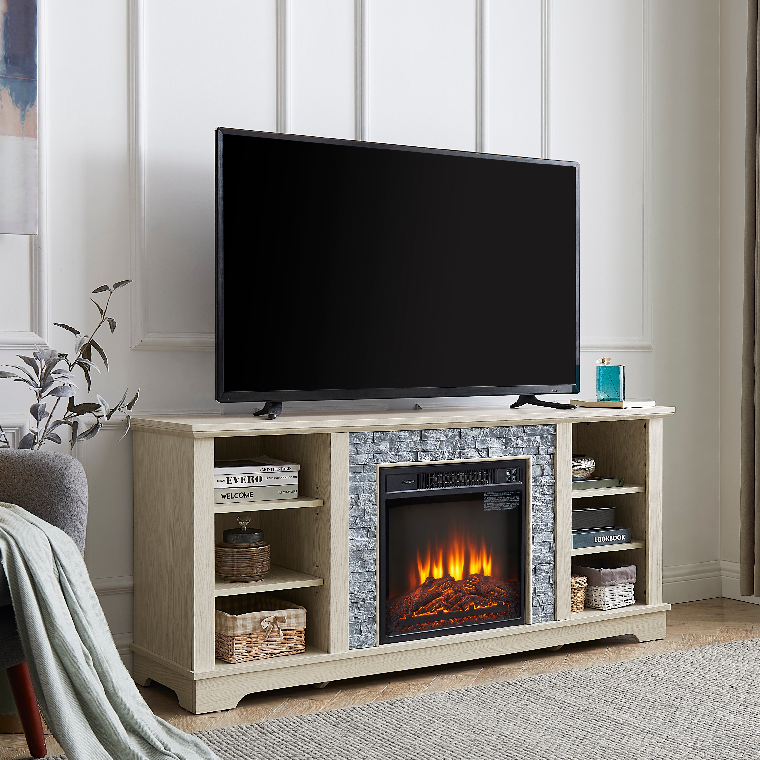 White TV stand with electric fireplace and stone-look mantel