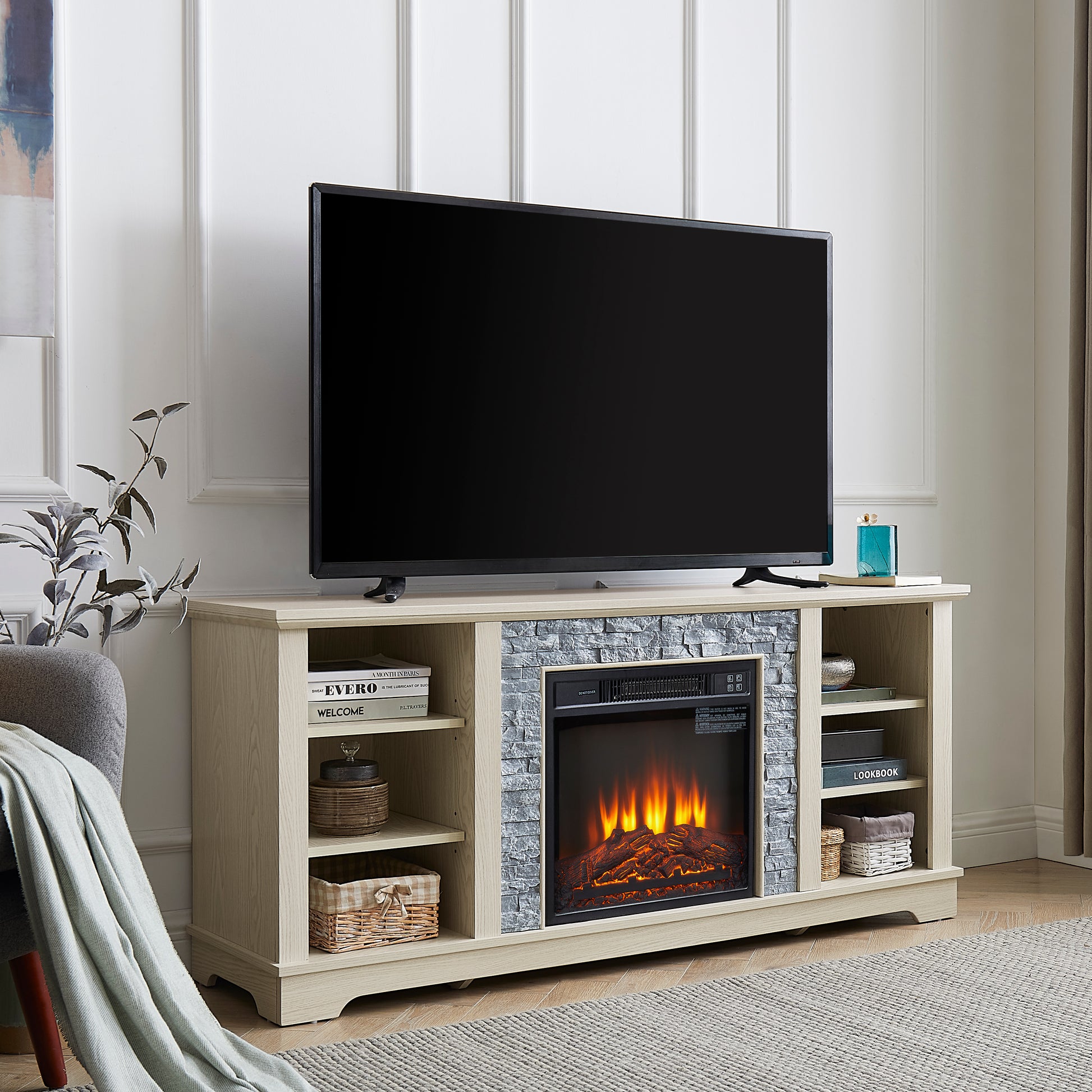 White TV stand with electric fireplace and stone-look mantel