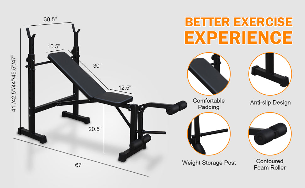 Olympic weight bench with adjustable squat rack, designed for strength training, featuring sturdy construction and multiple settings for bench press, squats, and other weightlifting exercises.