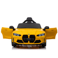 Yellow BMW M4 12V electric ride-on car for kids, featuring authentic design with working headlights, MP3 player, and forward/reverse motion. Comes with adjustable seat and steering wheel, providing a realistic driving experience for children aged 3-6