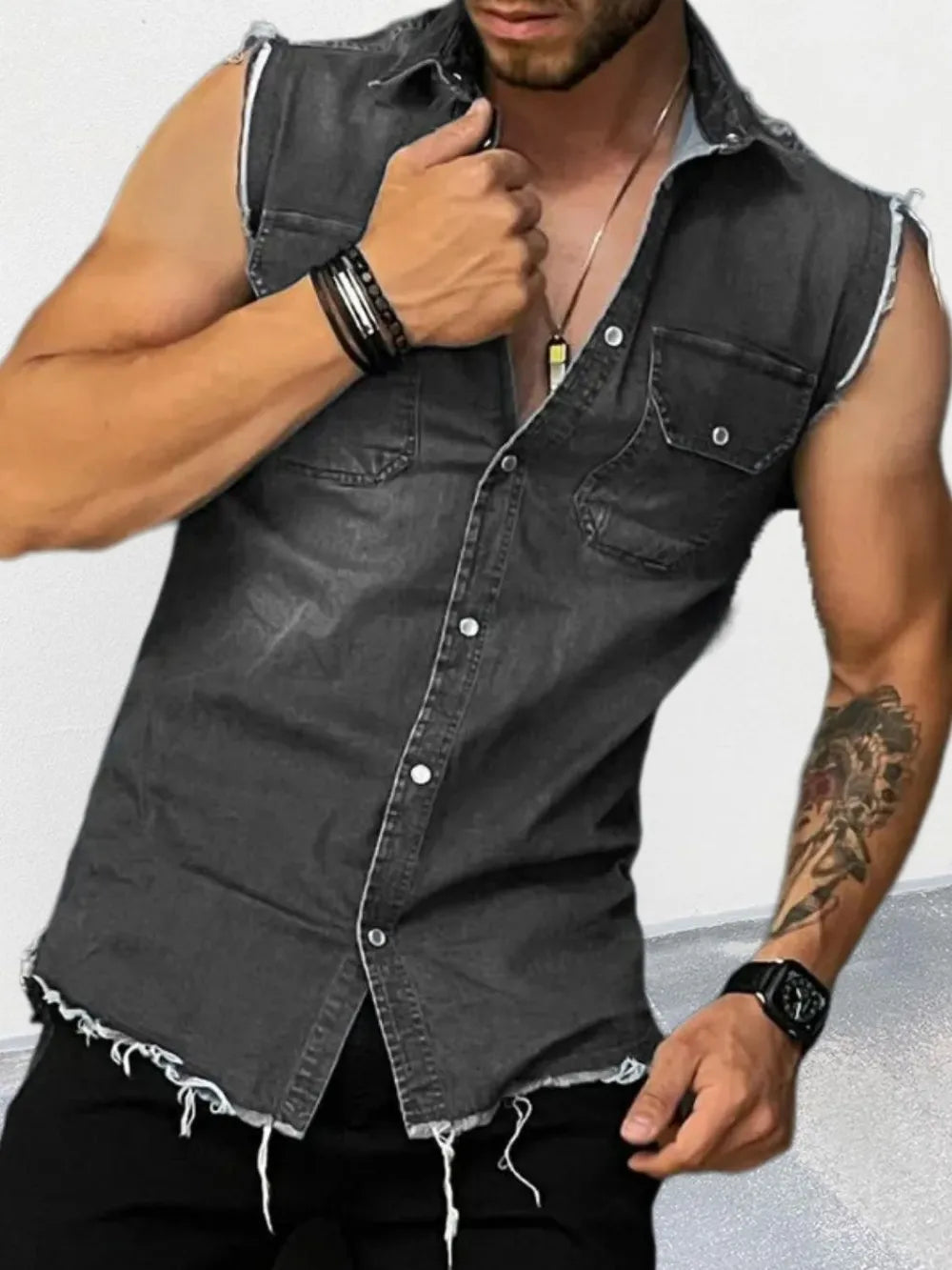 Men's snap button sleeveless denim shirt – Western style casual shirt with chest pockets and frayed armholes.









