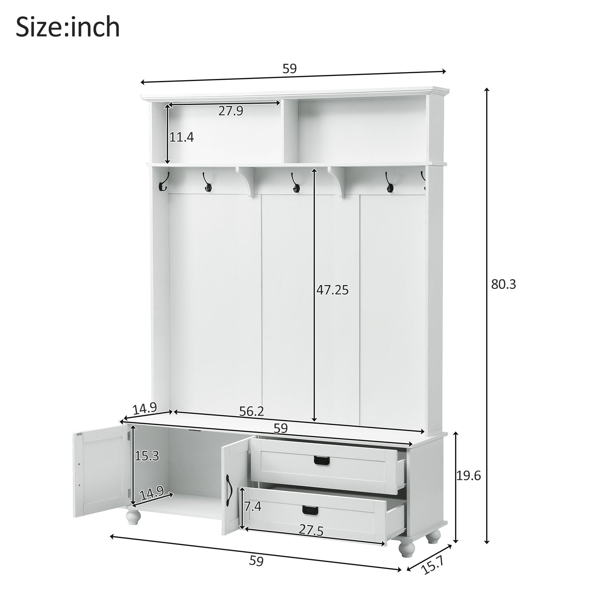 ON-TREND white hall tree with bench, coat hooks, drawers, and cabinet