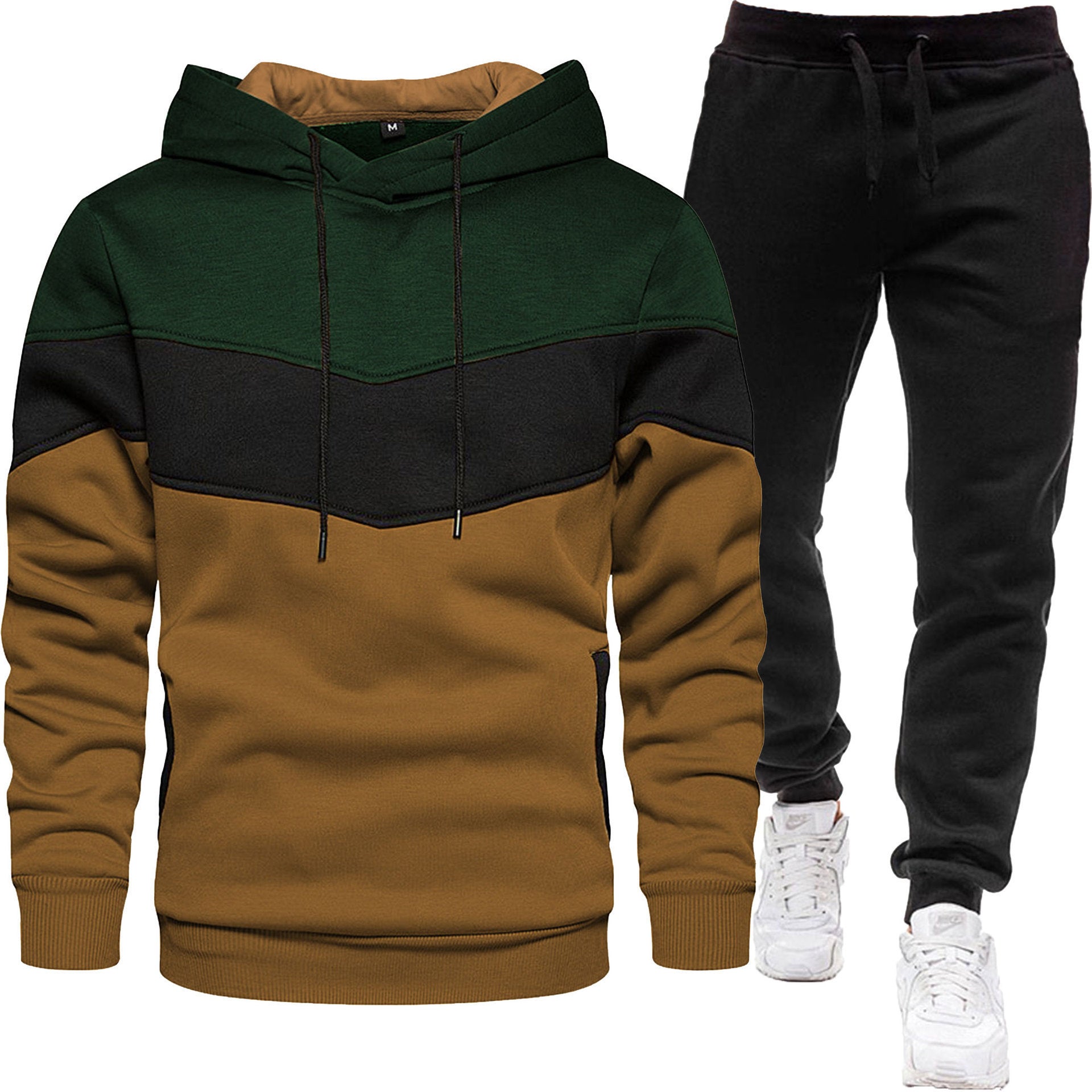 Men's three-color hoodie and jogger pants two-piece set, front view

