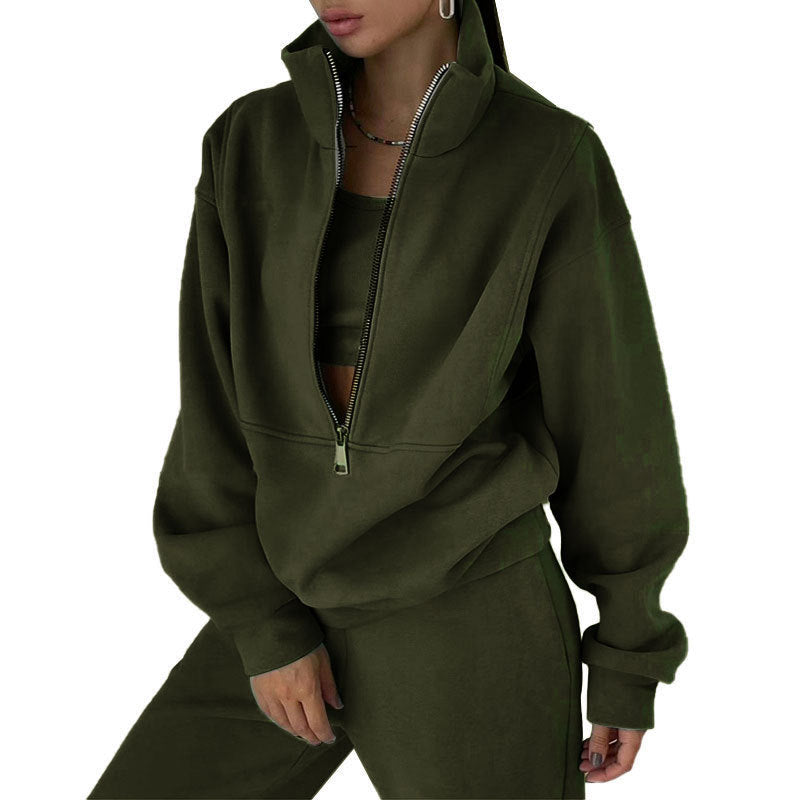 Olive Green Half-Zip Hoodie and Jogger Set for Women