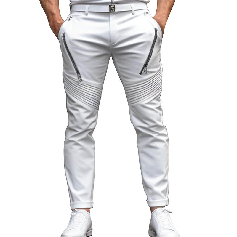 Men's slim fit stretch skinny pants with zipper pleats for a trendy, fashionable street style.
