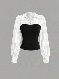 Black strapless top with a white pinstripe blouse on a gray background