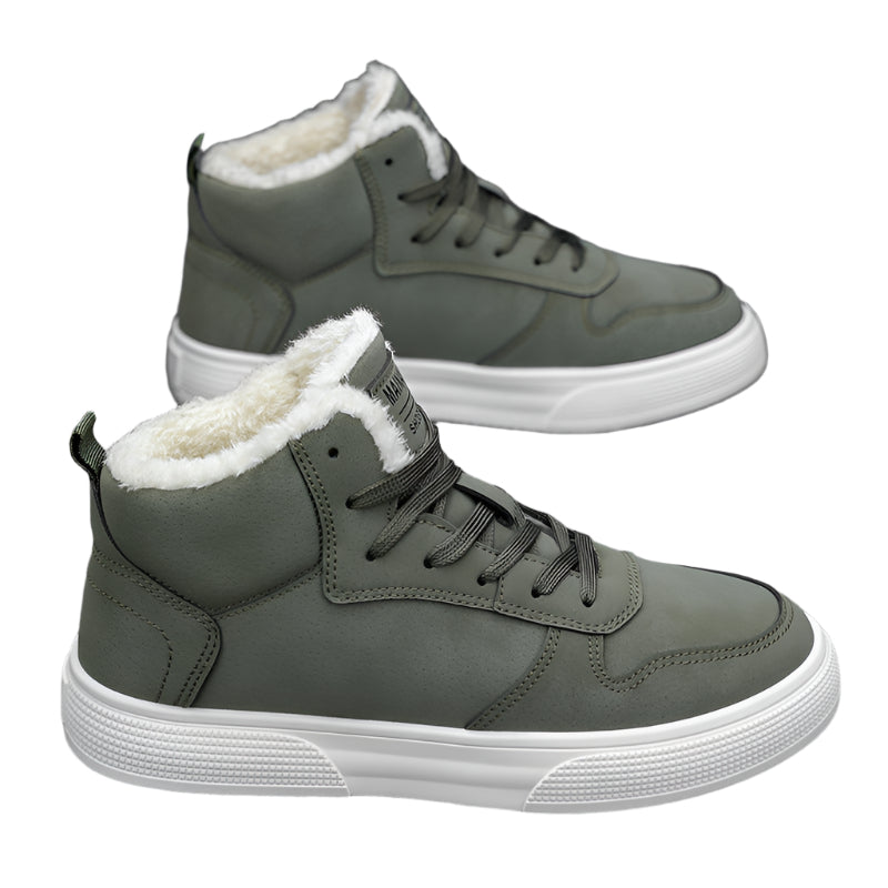 Plus size men’s high-top winter fleece-lined casual sports cotton shoes in neutral tones.


