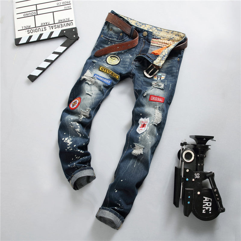 Splash ink straight slim jeans with artistic paint-splatter denim wash