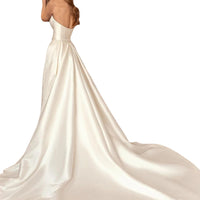 Elegant satin sheath wedding dress with a backless design, high waist fit, and a two-way detachable train for a customizable bridal look.

