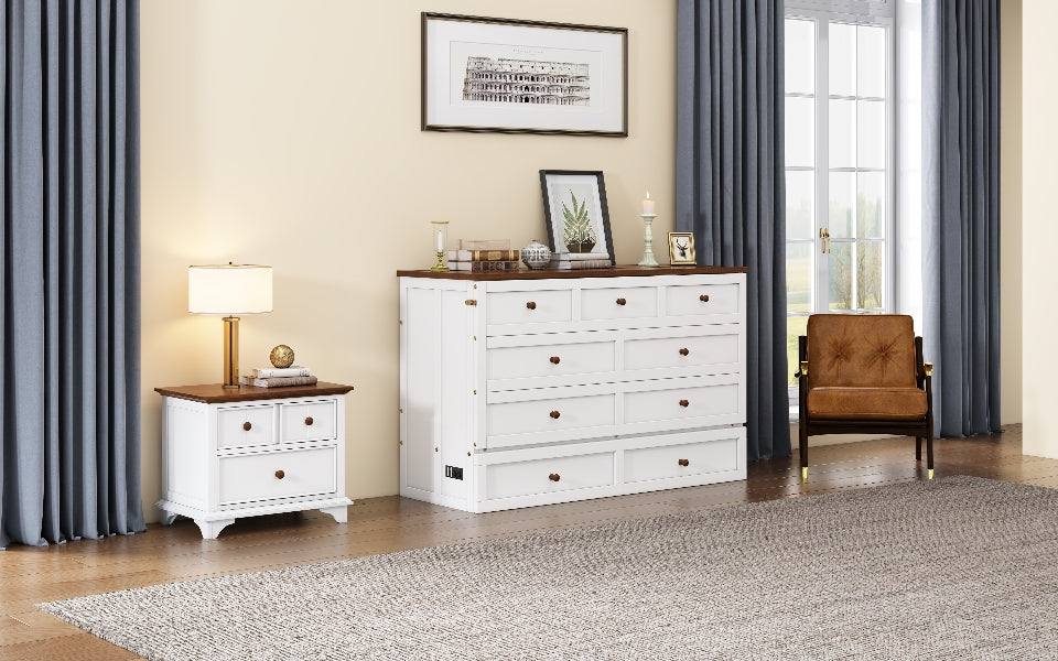 White and walnut queen Murphy bed chest in closed position