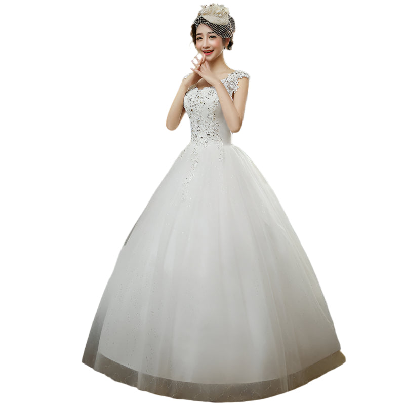 Elegant double shoulder wedding dress with luxurious fabric and intricate details, designed for a timeless and romantic bridal look.

