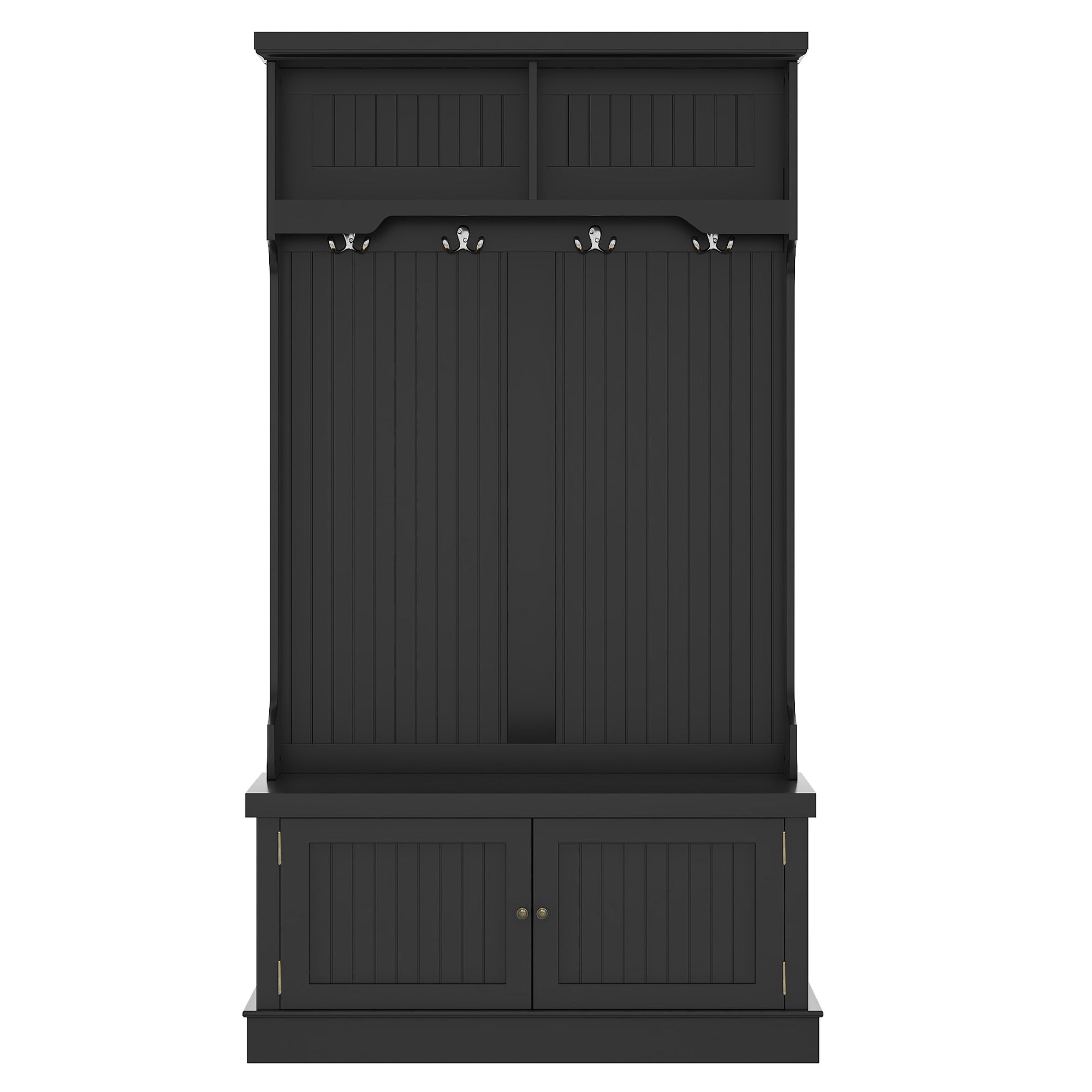Black 4-in-1 hall tree with storage bench and coat hooks, front view

