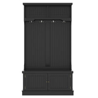 Black 4-in-1 hall tree with storage bench and coat hooks, front view

