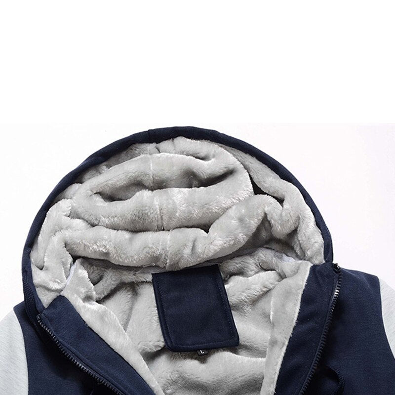 Men's winter hooded jacket with thick velvet lining, front view

