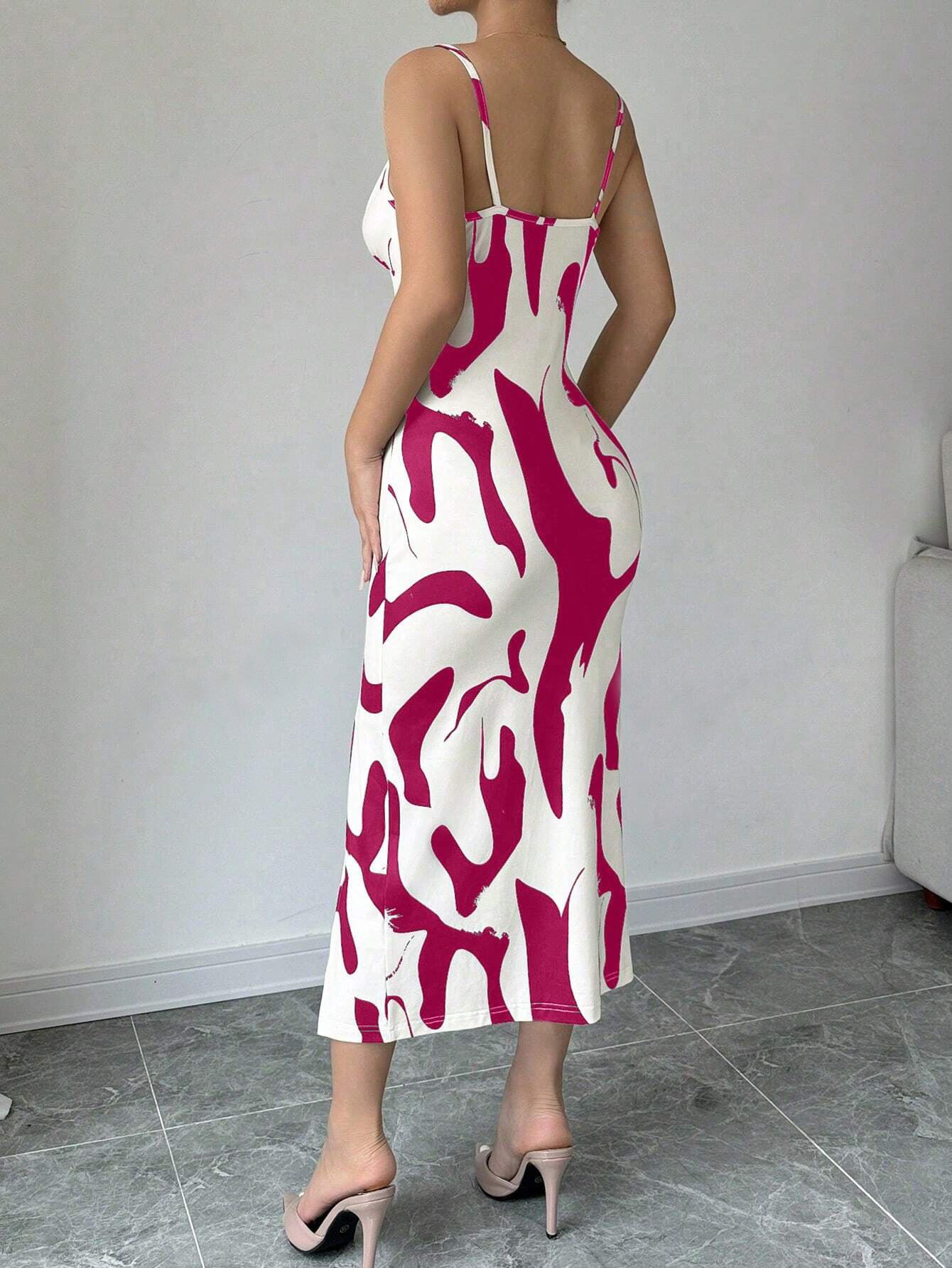 Women's summer printed suspender split dress with lace-up back and slim fit design.

