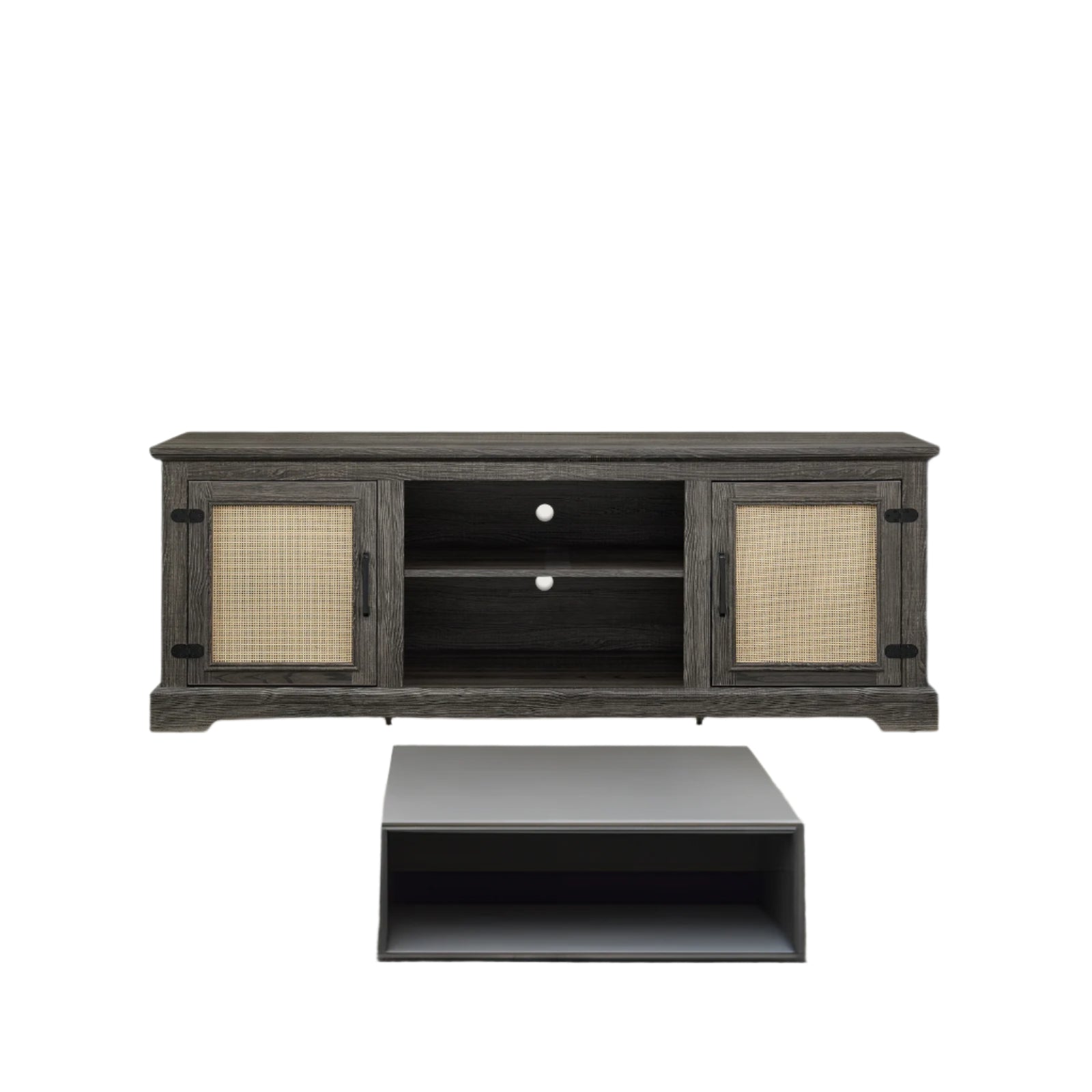 Gray TV stand with rattan doors and shelves for storage