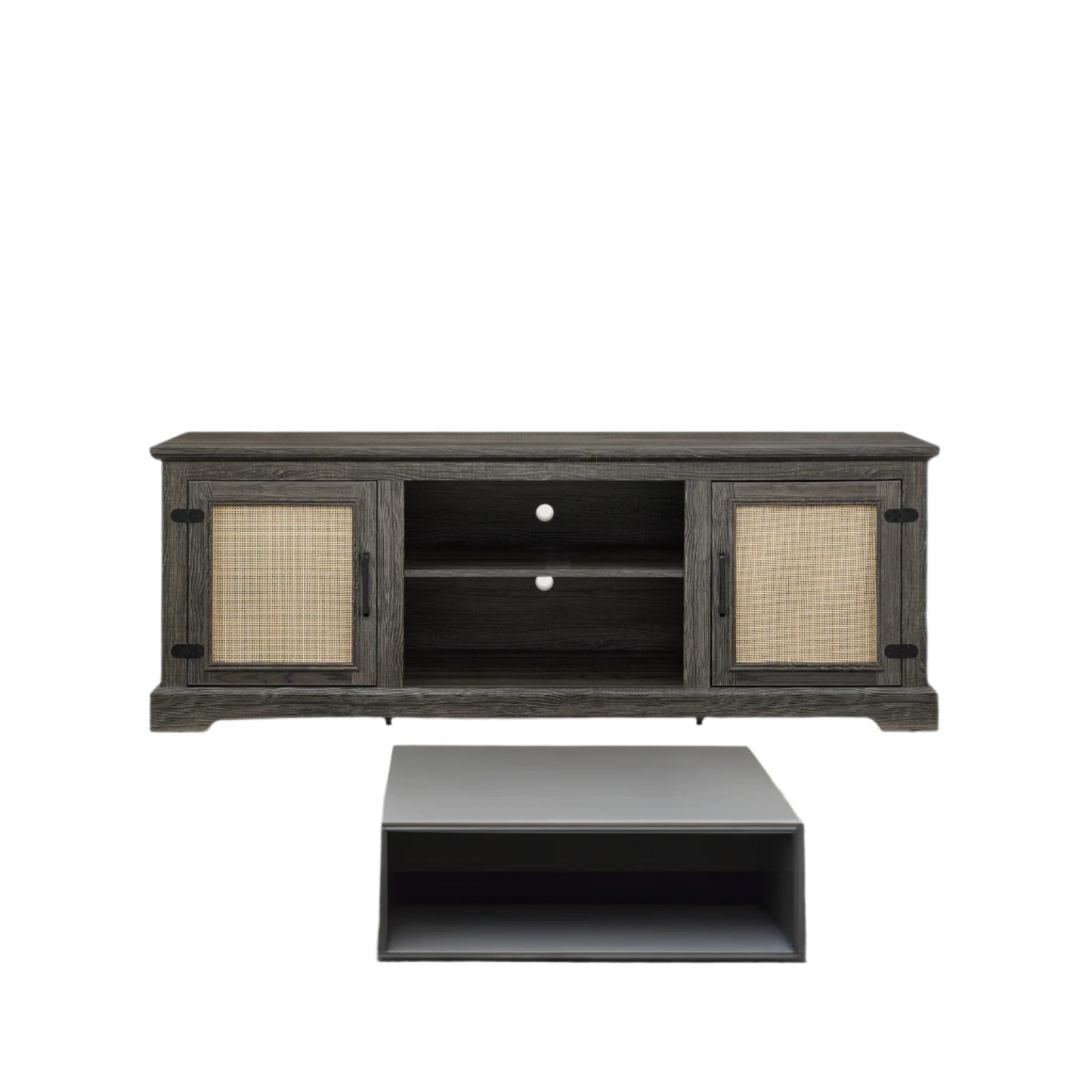 Gray TV stand with rattan doors and shelves for storage