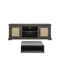 Gray TV stand with rattan doors and shelves for storage