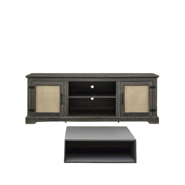 Gray TV stand with rattan doors and shelves for storage