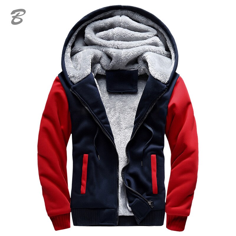 Men's winter hooded jacket with thick velvet lining, front view

