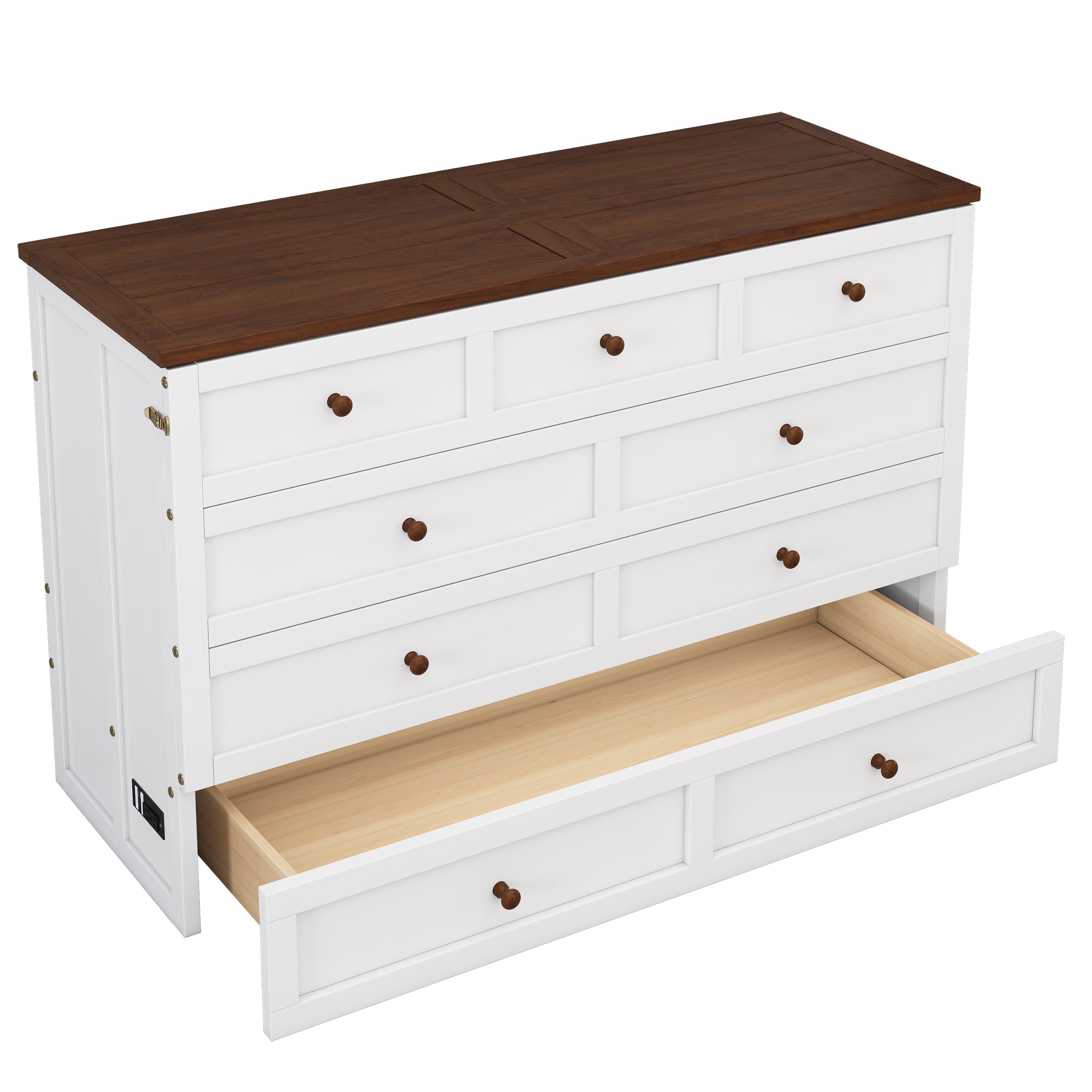 White and walnut queen Murphy bed chest in closed position