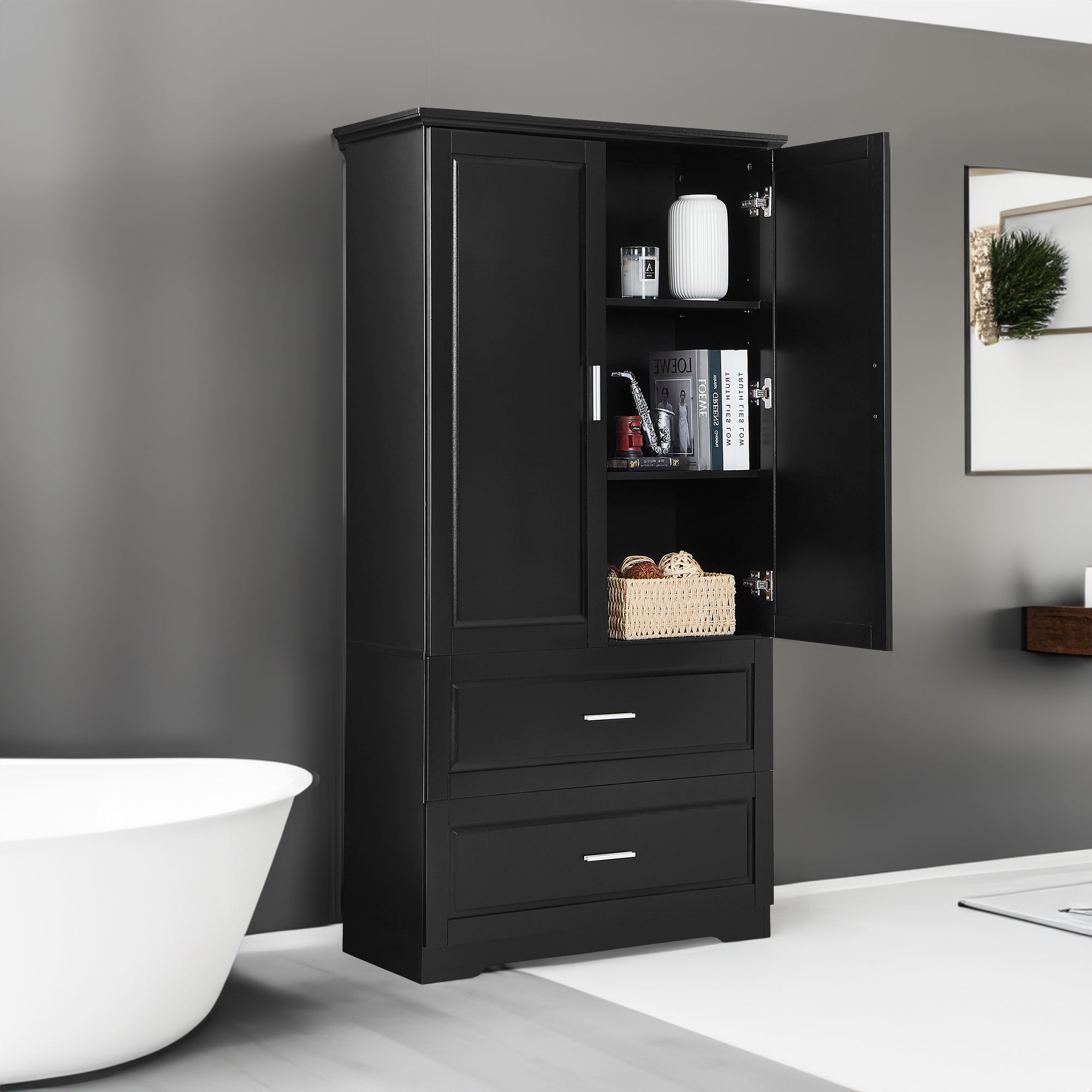 Black MDF tall bathroom storage cabinet with two doors and drawers