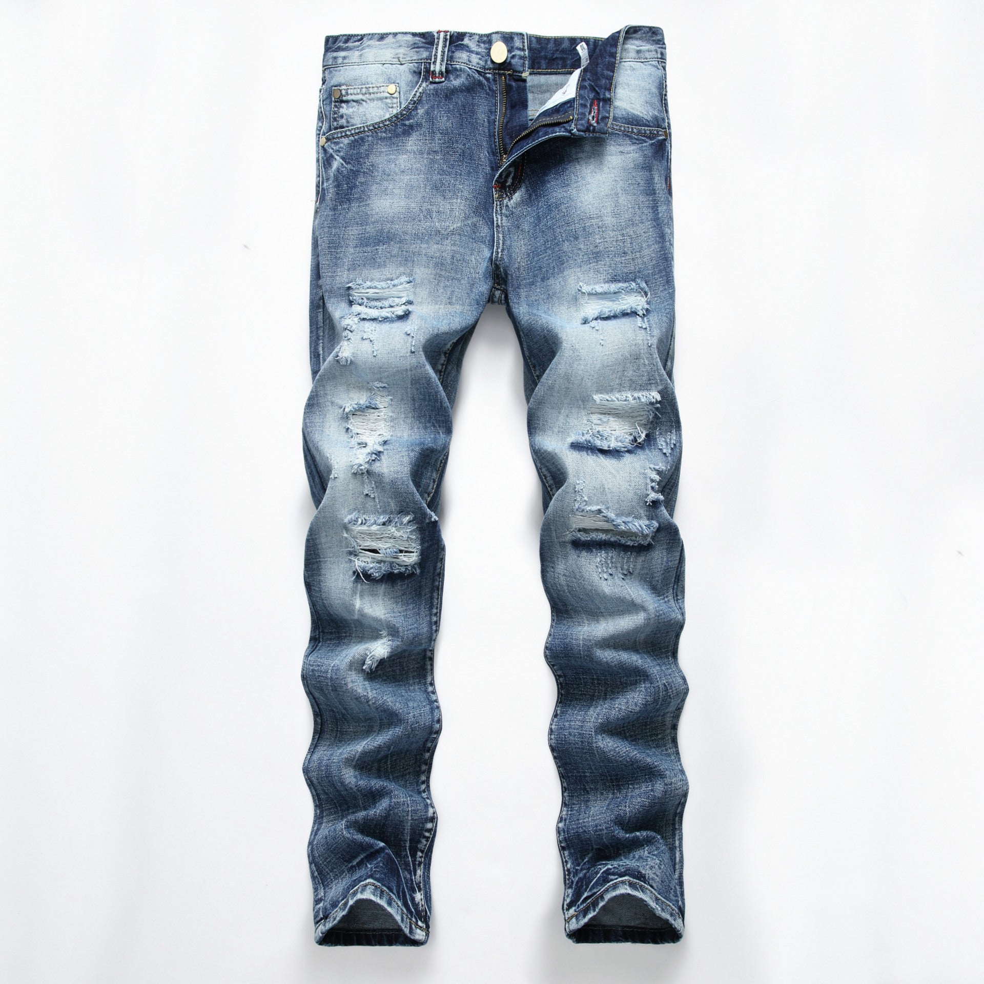 Men’s ripped fashion slim-fit straight jeans with distressed details for a trendy streetwear look.