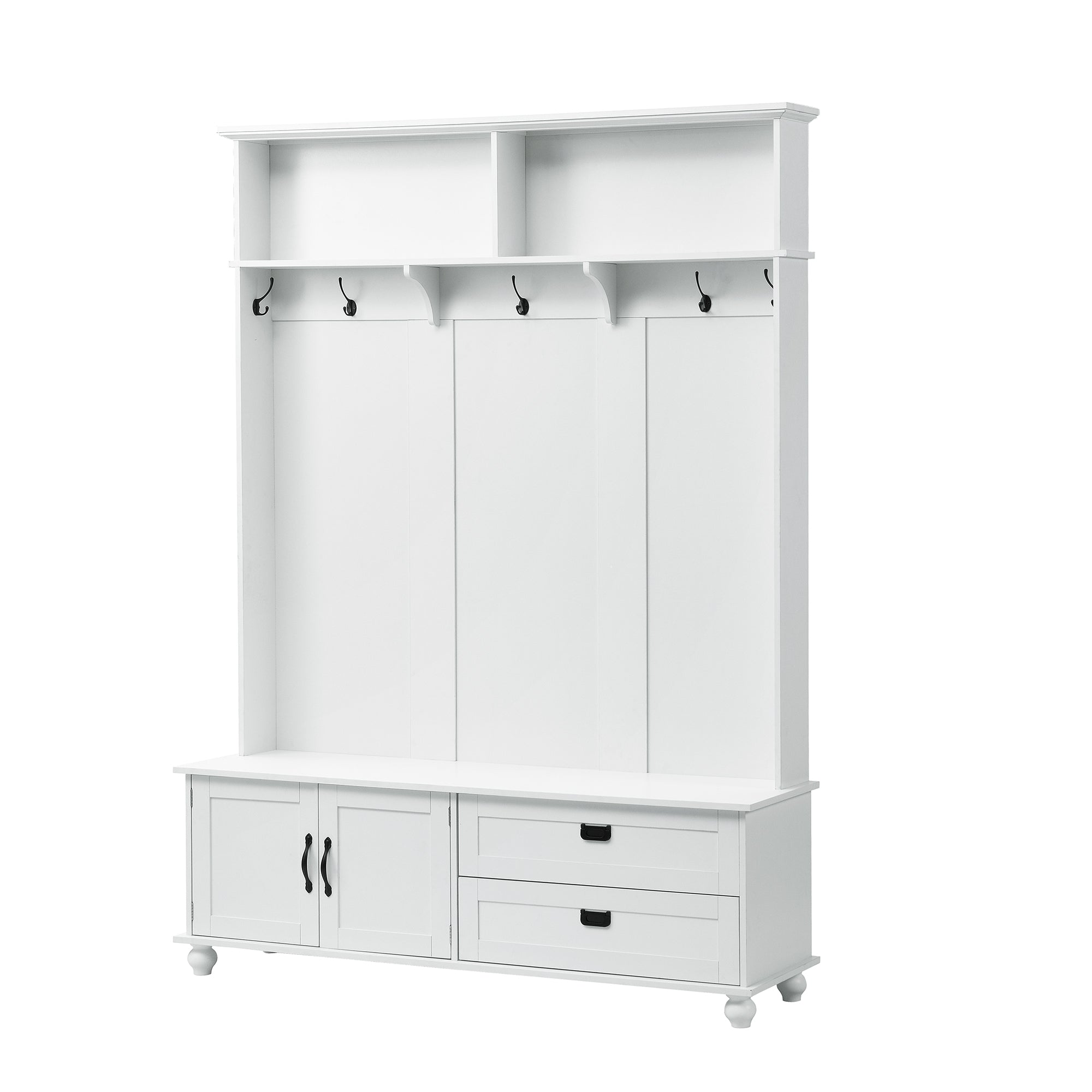 ON-TREND white hall tree with bench, coat hooks, drawers, and cabinet