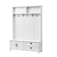 ON-TREND white hall tree with bench, coat hooks, drawers, and cabinet