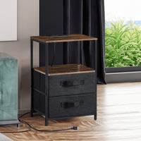 Modern tea table with USB port, outlet, and two drawers, front view

