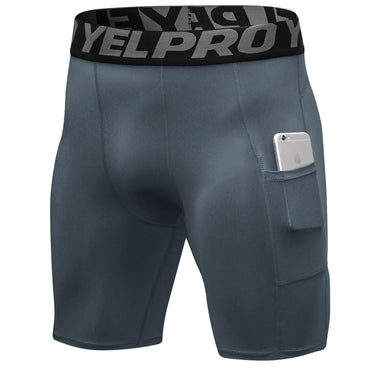 Men’s black PRO gym shorts with built-in compression tights, side pockets, and sweat-wicking fabric

