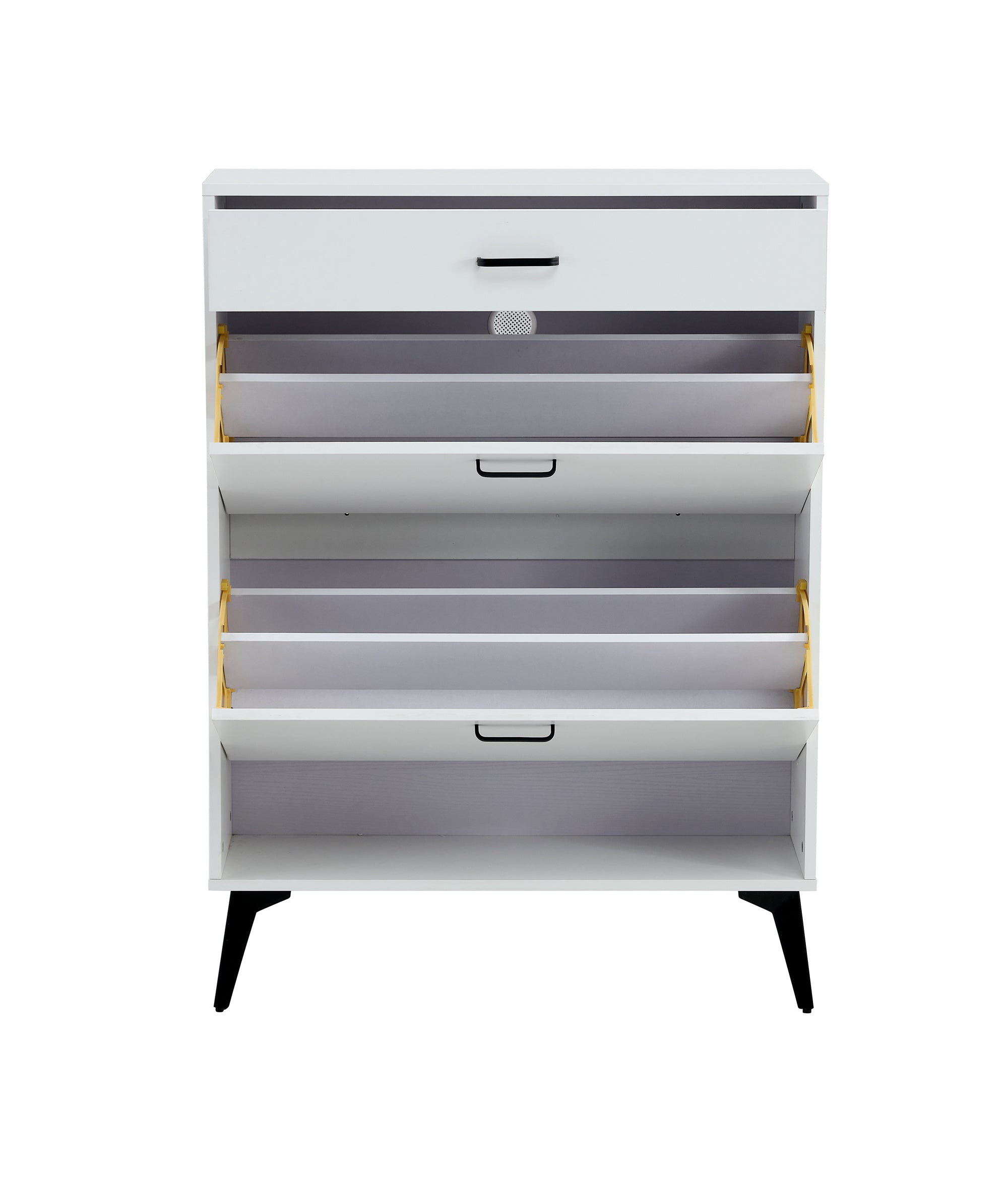 White shoe cabinet with open shelves and metal legs