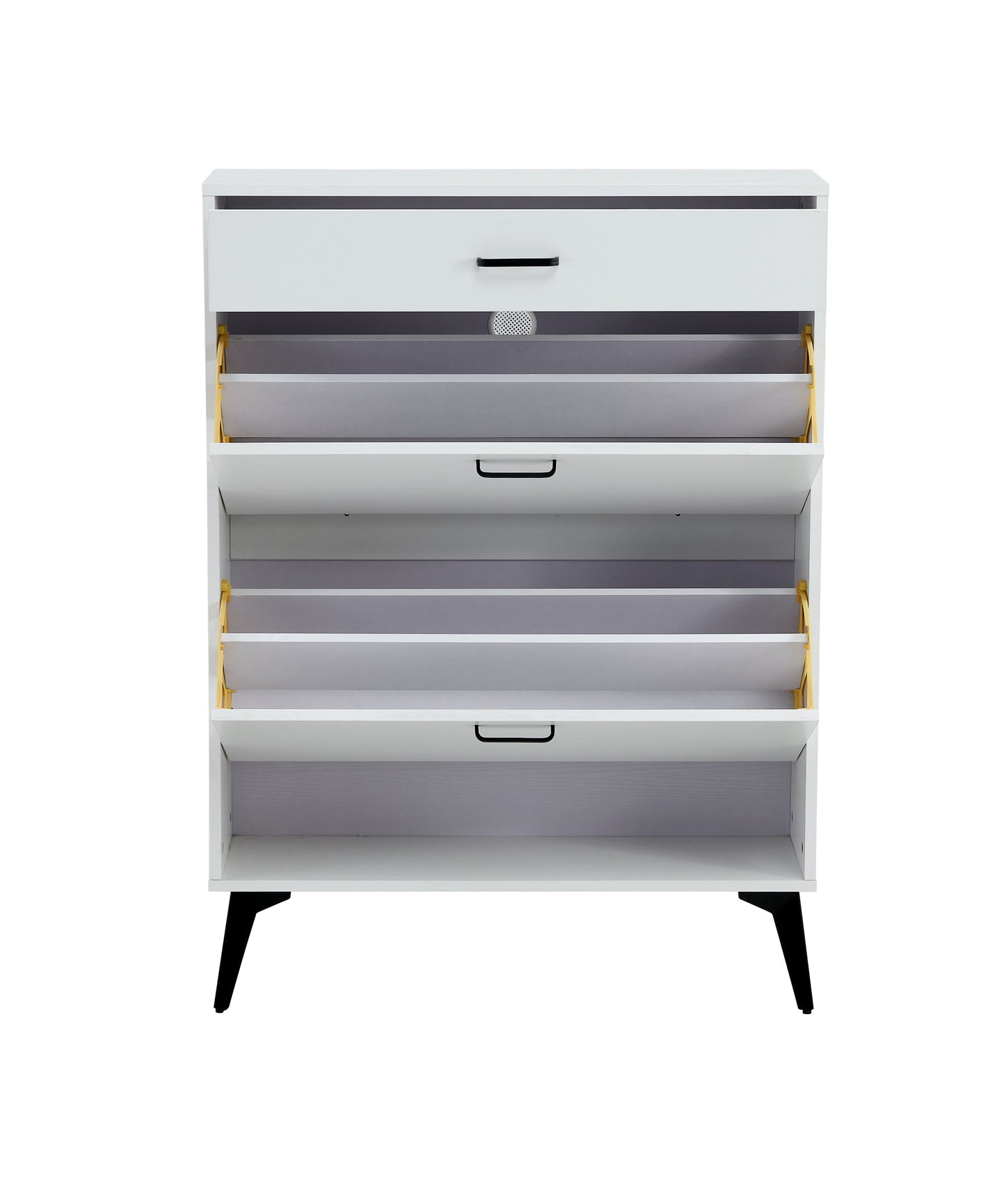 White shoe cabinet with open shelves and metal legs