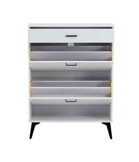White shoe cabinet with open shelves and metal legs