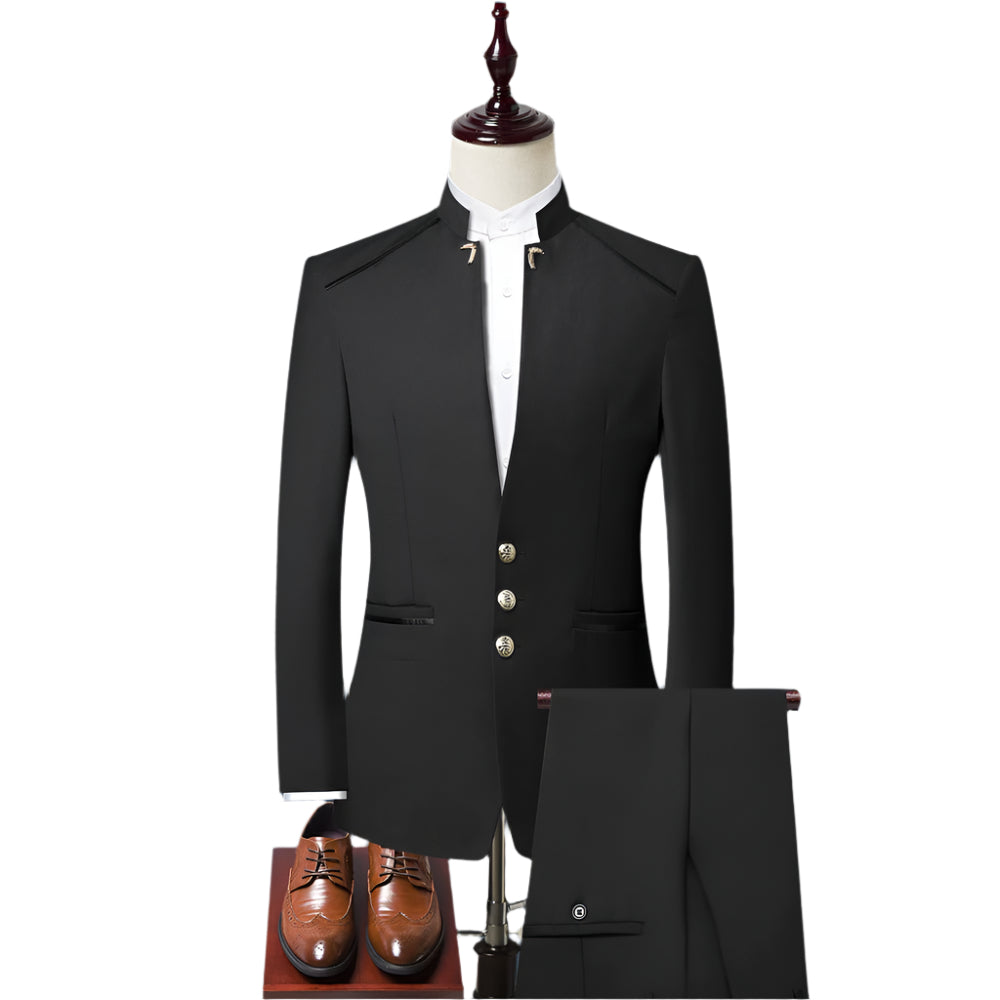 Men's British Style Stand Collar Three-Piece Suit – Modern Tailored Suit for Formal & Business Wear.








