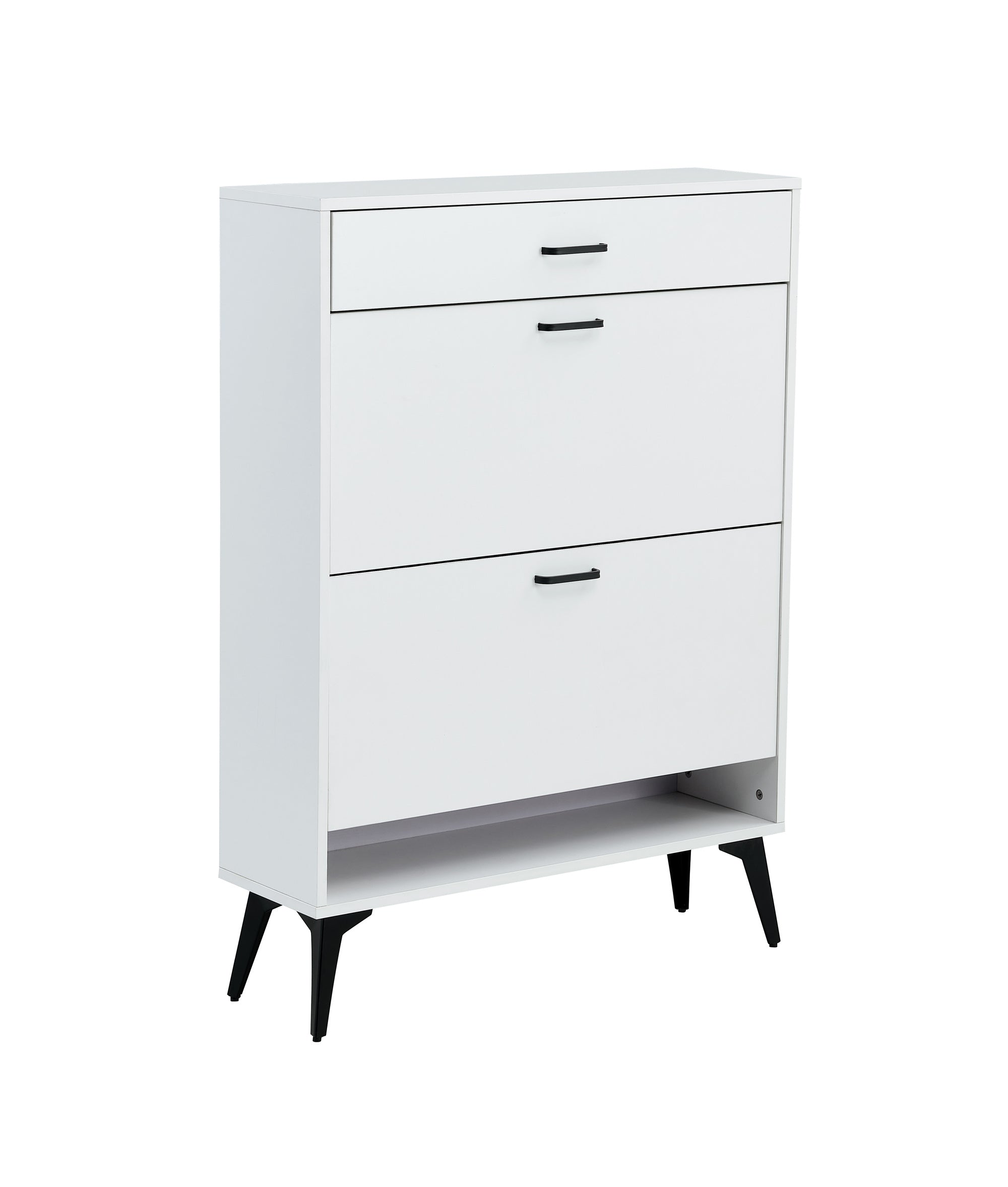 White shoe cabinet with open shelves and metal legs
