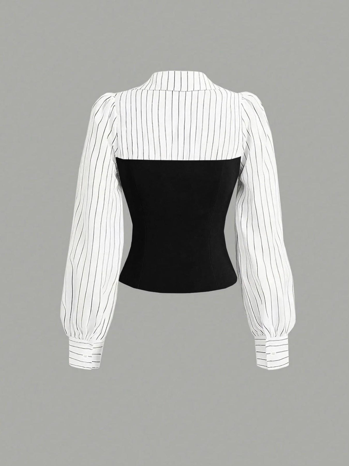 Black bodysuit with white pinstripe long-sleeve top on a gray background