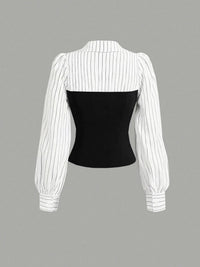 Black bodysuit with white pinstripe long-sleeve top on a gray background