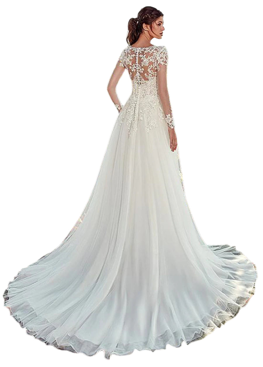 Elegant high U-neck wedding dress with lace long sleeves, a flowing A-line silhouette, and a romantic long tail for a stunning bridal appearance.

