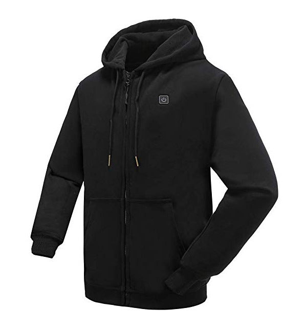 USB heating hoodie with power bank connected for warmth
