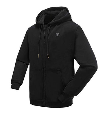 USB heating hoodie with power bank connected for warmth