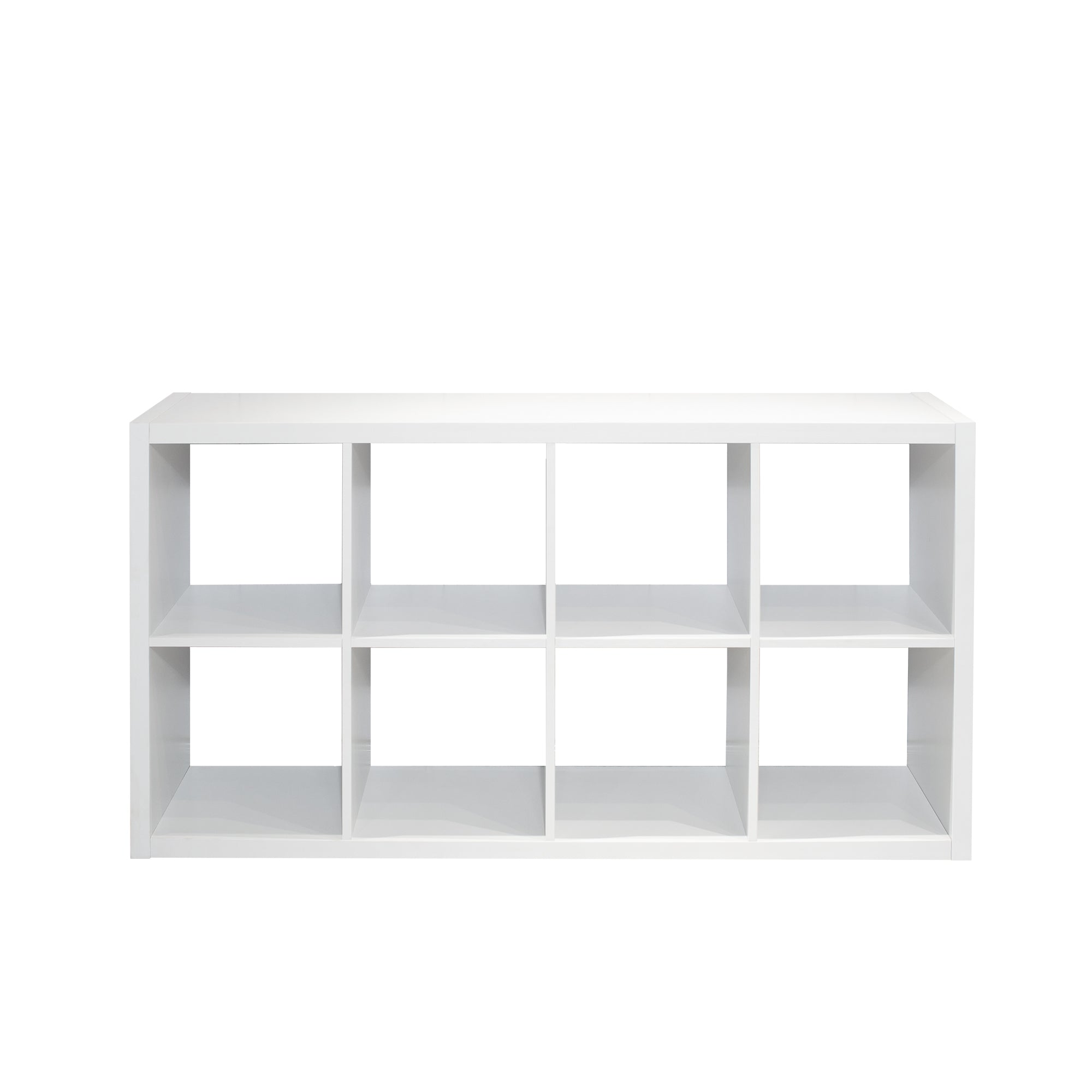 White 8-cube organizer shelf used in a modern home office