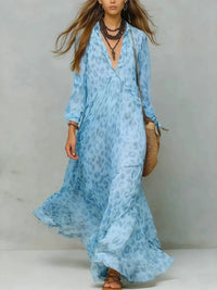 Leopard Print Chiffon Long Dress Deep V-Neck Three-Quarter Sleeve Flared Beach Vacation Dress Hot Deal Warehouse