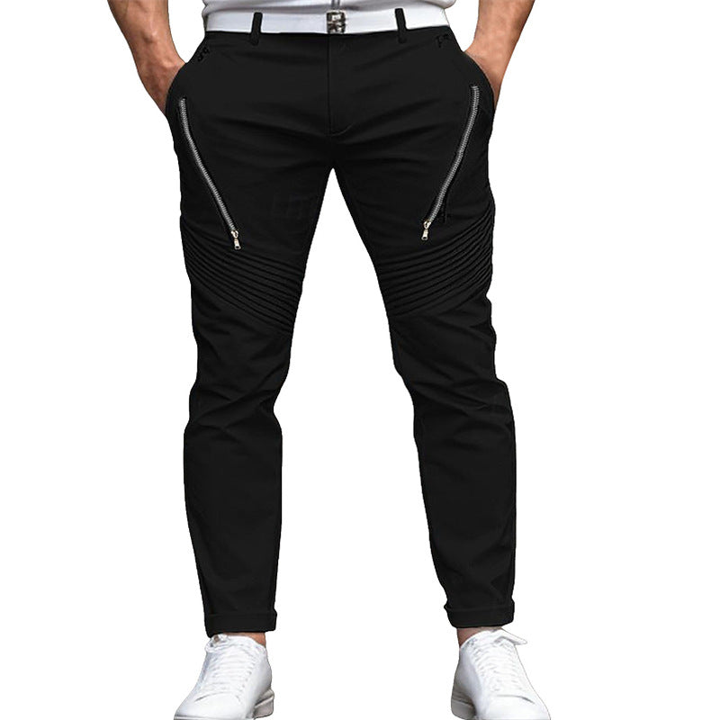 Men's slim fit stretch skinny pants with zipper pleats for a trendy, fashionable street style.