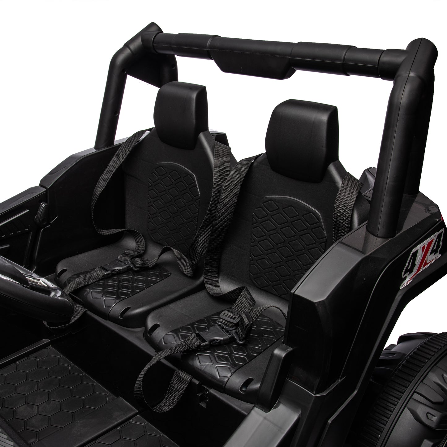 Side by side 4x4 ride-on truck for kids, featuring a durable design with working headlights, adjustable seat, and forward/reverse motion. Equipped with realistic off-road tires and easy-to-use controls, this electric truck provides an exciting outdoor adventure for children ages 3-7