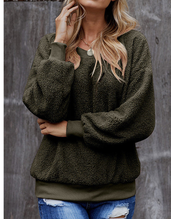 Women's solid color pullover, long-sleeve round-neck loose casual top for autumn and winter.








