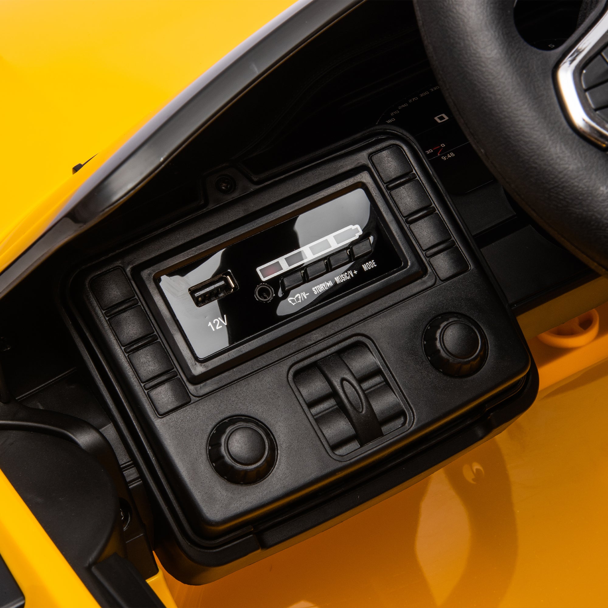 Yellow BMW M4 12V electric ride-on car for kids, featuring authentic design with working headlights, MP3 player, and forward/reverse motion. Comes with adjustable seat and steering wheel, providing a realistic driving experience for children aged 3-6