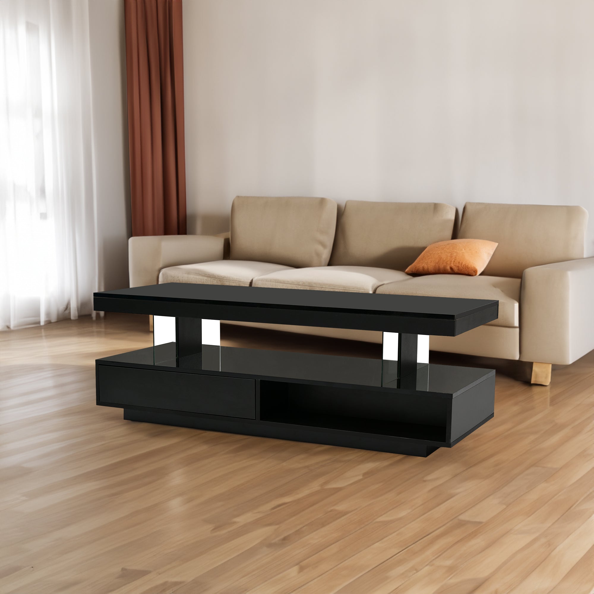 U-Can black LED coffee table with drawers and display shelf