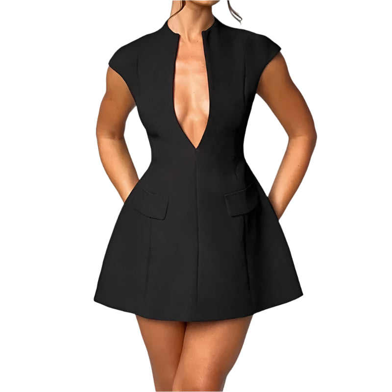 Woman wearing a black sleeveless A-line mini dress with deep V-neck and pockets.


